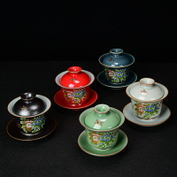 三才蓋碗五大名窯茶杯陶瓷功夫茶具汝窯霽紅描金茶蓋碗單個敬茶碗