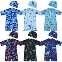 Boys One-Piece Shark Print Swimsuit+Hat 2pcs Sets Baby Holiday Seaside Outwear 1-8Years Summer New Kids Swimwear