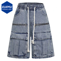 Loose Denim Shorts Blue Big Pocket Patchwork Wide Leg Baggy Jeans Shorts Y2K Men Summer Casual Cargo Shorts Black
