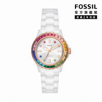 【FOSSIL 官方旗艦館】FB-01 漸變彩虹環刻七彩指針女錶 白色陶瓷錶帶手錶 37MM CE1129(母親節)