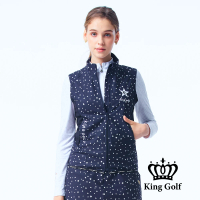 KING GOLF 速達-網路特談-女款星星印花薄款立領拉鍊背心外套(深藍)