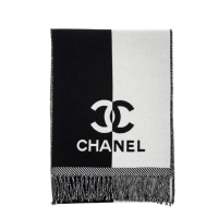 【CHANEL 香奈兒】經典雙色雙C LOGO羊毛流蘇圍巾(黑白)