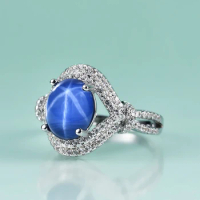 Gem's Beauty 925 Sterling Silver Statement Ring 8X10mm Oval Vintage Blue Lindy Star Sapphire Promise Rings Best Gift For Women