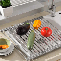 【媽媽咪呀】食品級矽膠包邊不鏽鋼可折疊水槽瀝水架(碗盤架 不銹鋼餐具瀝水架 水槽架 隔熱墊)