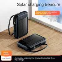 Portable Solar Power Bank 10000mAh Real Capacity Fast Charging Phone External Charger with 3 Built-in Cables Mini Powerbank