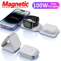 100W 3 in 1 Magnetic Wireless Charger Pad Stand for iPhone 15 14 13 Pro Max Apple Watch8 7 AirPods Macsafe Fast Charging Station