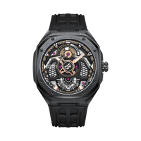 【BONEST GATTI】布加迪 黑框八角錶殼 玫瑰金指針 動力儲存顯示 氟橡膠錶帶 機械手錶(BG5801-A2)
