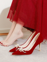 婚鞋女新娘鞋不累腳花朵結婚鞋禾秀婚紗兩穿紅色高跟鞋小眾高級感
