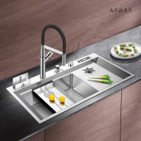 ASRAS 10050P SUS304 Handmade Kitchen Sink with Cup Rinser Stainless Steel Sink Set with Dual-Mode Pullout Faucet and Cup Washer