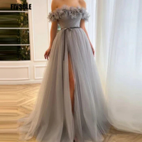 Fivsole Gery Slit Tulle Prom Dresses Off The Shoulder With Bow 3D Flowers A-Line Party Gowns Vestidos De Noche Robes De Soirée
