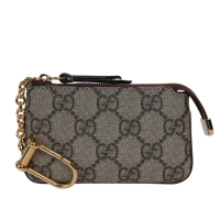 【GUCCI 古馳】GG Supreme 塗層帆布拉鍊鑰匙包/零錢包(米色/烏木色)