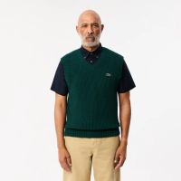 【LACOSTE】男裝-重磅羊毛V領毛衣背心(深綠色)