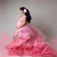 Ombre Pink Maxi Dress for Photography Ruffle Extra Puffy Pregnant Gowns Long Split Gorgeous Maternity Dresses Layered Fluffy
