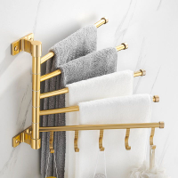 毛巾架 金色毛巾架 旋轉多桿帶鉤衛生間活動毛巾桿浴室置物架 掛架 免打孔
