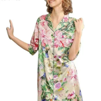 Birdtree 19MM 93% Real Silk Nightgown for Women, Short Sleeve Flower, Skin Friendly Pajama Dress, 2024 Spring Sleepwear P42125QM