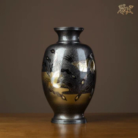 14.3in Japan Takaoka Douki Art Deco Pure Brass Chinese phoenix Vase Pot Decoration Home Furnishings Gift Statue