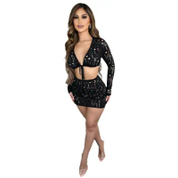 LFRVZ 2022 New Arrival Black Classic See Through Lace Sexy Club Young Bandage Full Sleeve + Mini Skirt Women 2 Piece Set