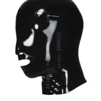Back zipper &amp; mesh eyes designs(open nostrils &amp; mouth) adults's black latex bondage hood what is made of natural latex materials