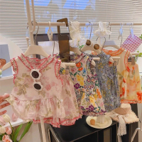 Bộ 2 Món Trẻ Em Mùa Hè, Áo Vest Và Quần Đùi Lụa Cotton Hoa, Phong Cách Mới, Cho Bé Gái, Áo Vest Ren,