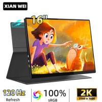 16" 2K 120Hz Portable Monitor 2560x1600p 16:10 100%sRGB Screen Travel Office Game Display For PC Switch Laptop Phone Xbox PS4/5