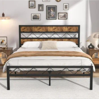 Queen Size Bed Frame, Vintage Wood Headboard, Heavy-duty Metal Slats Support, Platform Mattress Base, Metal Platform Bed Frame