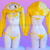 Anime Pu Leather Bikini Set Hoodie Top Cosplay Costume Sexy Japanese Girl Underwear Nightgown Role Play Student Outfits Lingerie