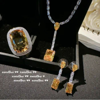 2023 Canary Tourmaline Colored Rectangular Gem Necklace with Sindrella Plated 18K Gold Twilight Yellow Geometric Zircon Ring