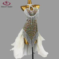 Latin Dance Dress High-end Custom Slim Dancing Dress with Flash Diamond Feather Tail Tango Female Stage Professional Clothing