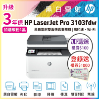 HP LaserJet Pro MFP 3103fdw 黑白雷射無線雙面傳真事務機(取代M227FDW)《登錄送1000元+加碼贈送100元禮券》