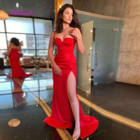 Sexy Side Split Evening Dresses Spaghetti Straps Mermaid Prom Gowns Elegant Red Celebrity Special Occasion Gowns