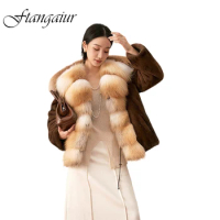Ftangaiur Winter Coat For Women Import Swan Velvet Mink Fur Coat Women's With Fox Fur Collar Medium Real Mink Fur Coats