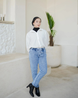 VALORA - Celana Panjang Boyfriend Jeans Wanita BF Pinggang Karet Snow Blue Elodie