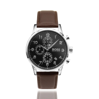 【BOSS】白鋼殼 黑面 咖啡色皮革錶帶 三眼計時男錶【贈旅行收納錶盒】情人節(1513494)