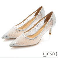 DIANA 6.5cm 質感羊皮X托斯細網交織點點水鑽透視高跟鞋-公主浪漫-銀