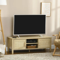 Boho TV Stand, Wood TV Console Cabinet Entertainment Center with Rattan Door, Adjustable Shelf and Storage Cabinets