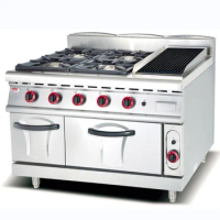Commercial Fast Food Restaurant Gas Range With 4 Burner And Lava Rock Grill With Gas Oven