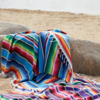 Ethnic Rainbow Striped Beach Picnic Blanket Towel Tassels Throw Rug Mexican Style Tablecloth Hanging Tapestry for Sofa Bed Home