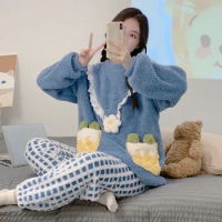2023 Winter Plus Size Long Sleeve Thick Warm Flannel Pajama Sets For Women Korean Loose Sleepwear Suit Pijama Mujer Home Clothes
