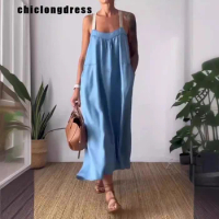 Summer Fashion Casual Cotto Linen Slip Dresswomen Beach Style Solid Loose Pocket Sleeveless Dress Women