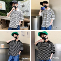 【橘魔法】大童 條紋字母貼布翻領網眼POLO衫(乾爽 排汗 短袖上衣 中性款 兒童 童裝 男童)