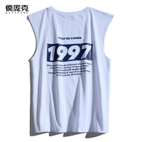 夏季新款寬松無袖T恤簡約1997印花學生情侶背心坎肩純棉體恤男女