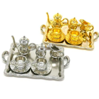 Metal Tea Doll House Furniture Doll House Miniature Miniature Dining Tableware Toy Teapot Cup Plate