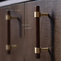 Combinant of Brass and Walnut Wood Furniture Handles Wooden Dresser Knobs Kitchen Cupboard Pull Handles for Cabinets and Drawers