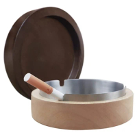 Ashtray For Outside With Lid, Wind Ashtray For Outside Balcony, Ashtray Stainless Steel + Wood Odor-Proof Smoking