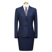 Tesco Women Office Suit Blazer And Skirt Notch Collar Single Breasted Jacket Blue Slim Fit Formal Outfits For Business Lady
