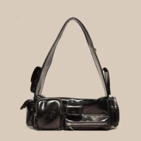 2024 New Dark Biker Multi-Pocket Bag Female Large Capacity Tide Spice Girl Underarm Tote Bag Glossy Leather Vintage Shoulder Bag