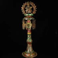 22"Tibetan Temple Collection Old Bronze Outline in gold Mosaic Gem Turquoise Four arms Ganesha oil lamp Candlestick Town house