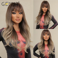 GEMMA Ombre Brown Blonde Long Straight Synthetic Wigs with Bangs Cosplay Wig for Women High Temperat