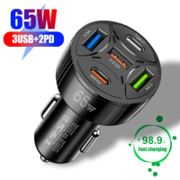 65W Fast Charging 5 Ports Car Charger Lighter QC 3.0 PD 65W USB Type C Car Phone Charger Power Adapter for iPhone XiaoMi Samsung