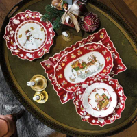 Keramisch Tafelgerei Van Rode Kerst, Rode En Witte Kerstpatronen Keramische Borden, Met De Hand Gestempeld Vakantieontwerp